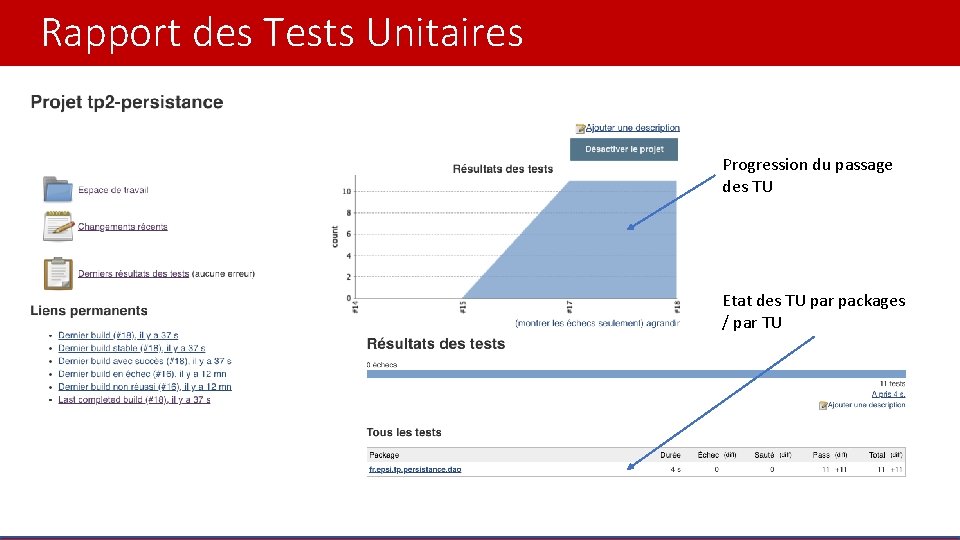 Rapport des Tests Unitaires Progression du passage des TU Etat des TU par packages