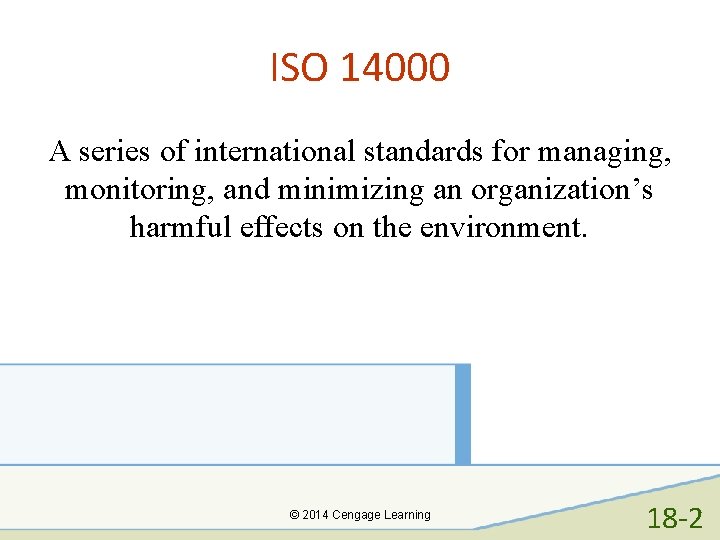ISO 14000 A series of international standards for managing, monitoring, and minimizing an organization’s