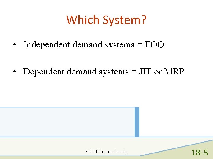 Which System? • Independent demand systems = EOQ • Dependent demand systems = JIT