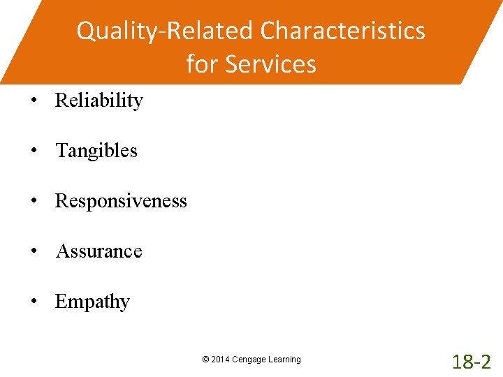 Quality-Related Characteristics for Services • Reliability • Tangibles • Responsiveness • Assurance • Empathy