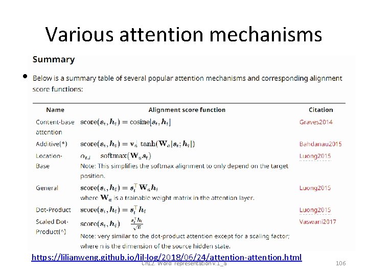 Various attention mechanisms • https: //lilianweng. github. io/lil-log/2018/06/24/attention-attention. html Ch 12. Word representation v.
