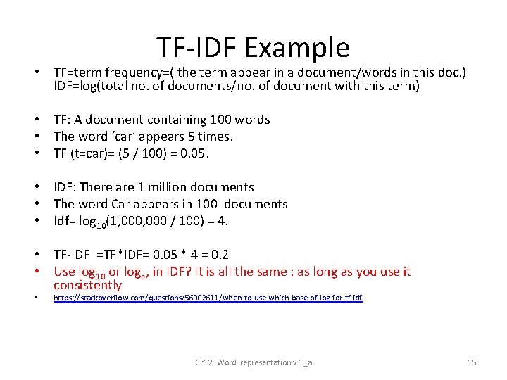 TF-IDF Example • TF=term frequency=( the term appear in a document/words in this doc.