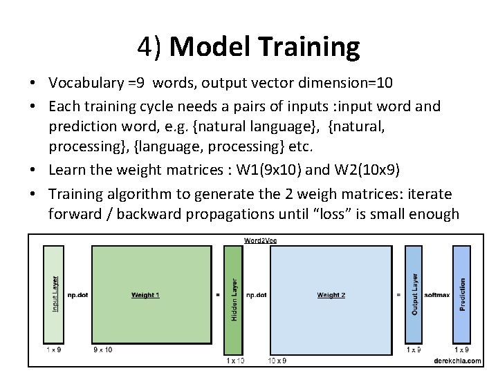 4) Model Training • Vocabulary =9 words, output vector dimension=10 • Each training cycle