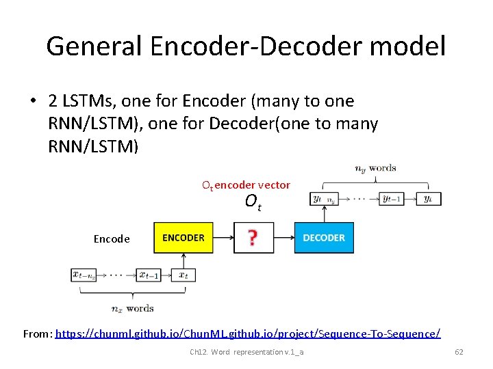 General Encoder-Decoder model • 2 LSTMs, one for Encoder (many to one RNN/LSTM), one