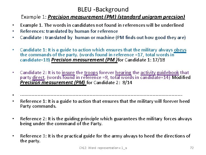 BLEU -Background Example 1: Precision measurement (PM) (standard unigram precsion) • • • Example
