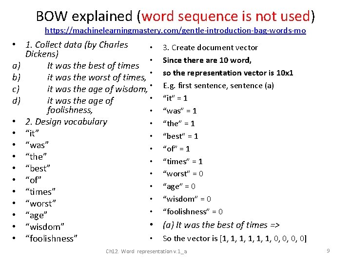 BOW explained (word sequence is not used) https: //machinelearningmastery. com/gentle-introduction-bag-words-mo • 1. Collect data