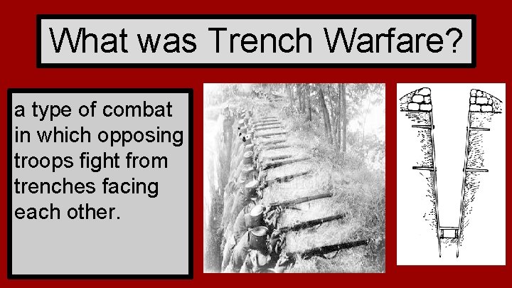 What was Trench Warfare? a type of combat in which opposing troops fight from