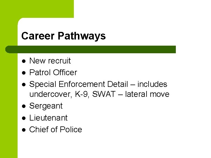 Career Pathways l l l New recruit Patrol Officer Special Enforcement Detail – includes