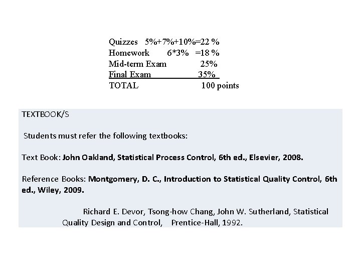 Quizzes 5%+7%+10%=22 % Homework 6*3% =18 % Mid-term Exam 25% Final Exam 35% TOTAL