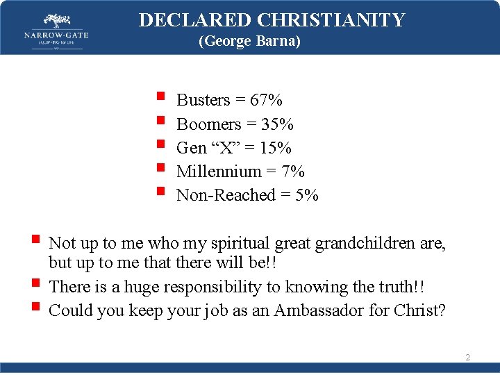 DECLARED CHRISTIANITY (George Barna) § § § Busters = 67% Boomers = 35% Gen