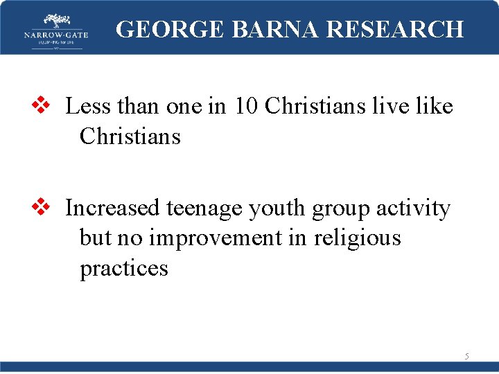 GEORGE BARNA RESEARCH v Less than one in 10 Christians live like Christians v