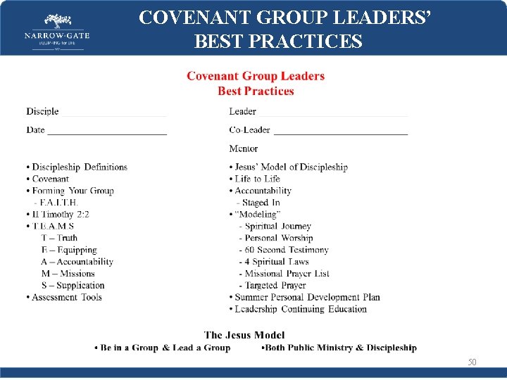 COVENANT GROUP LEADERS’ BEST PRACTICES 50 
