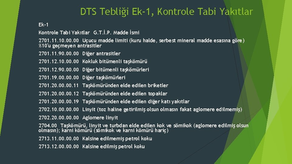 DTS Tebliği Ek-1, Kontrole Tabi Yakıtlar Ek-1 Kontrole Tabi Yakıtlar G. T. İ. P.