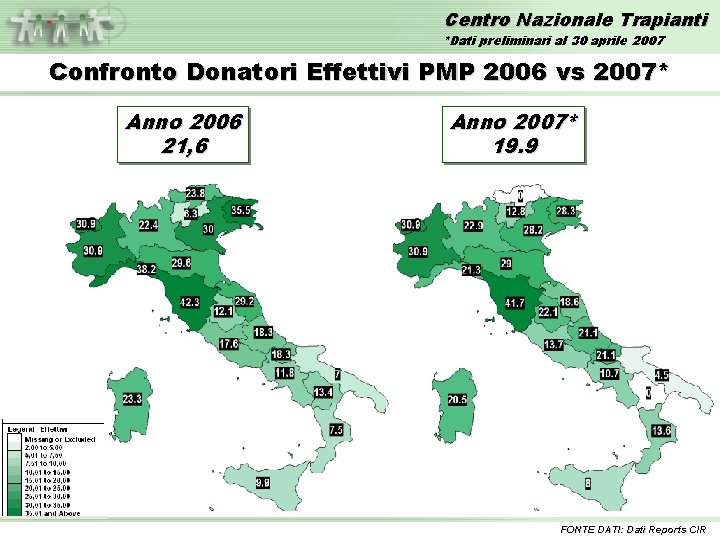 Centro Nazionale Trapianti *Dati preliminari al 30 aprile 2007 Confronto Donatori Effettivi PMP 2006