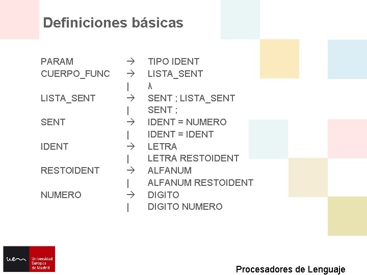 Definiciones básicas PARAM CUERPO_FUNC LISTA_SENT IDENT RESTOIDENT NUMERO | | | TIPO IDENT LISTA_SENT