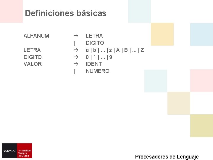 Definiciones básicas ALFANUM LETRA DIGITO VALOR | | LETRA DIGITO a | b |.