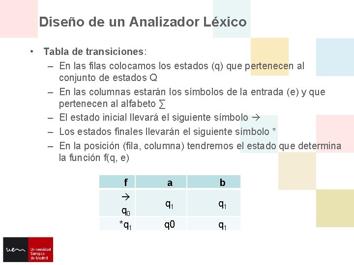 Diseño de un Analizador Léxico • Tabla de transiciones: – En las filas colocamos