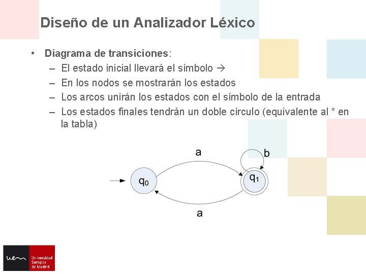 Diseño de un Analizador Léxico • Diagrama de transiciones: – El estado inicial llevará