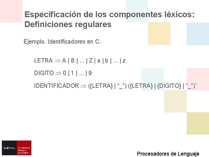 Especificación de los componentes léxicos: Definiciones regulares Ejemplo. Identificadores en C. LETRA A |