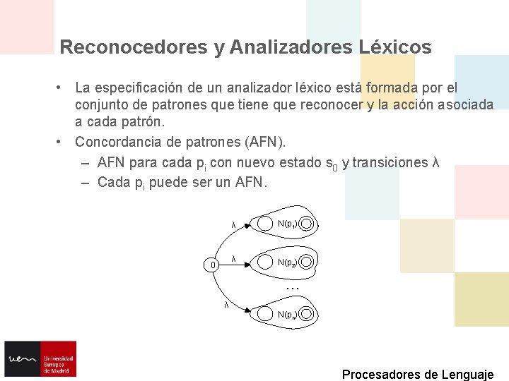 Reconocedores y Analizadores Léxicos • La especificación de un analizador léxico está formada por