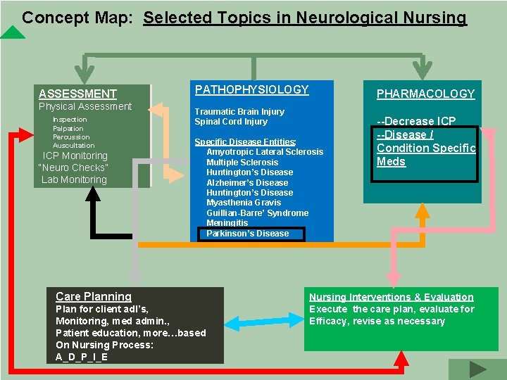 Concept Map: Selected Topics in Neurological Nursing ASSESSMENT Physical Assessment Inspection Palpation Percussion Auscultation