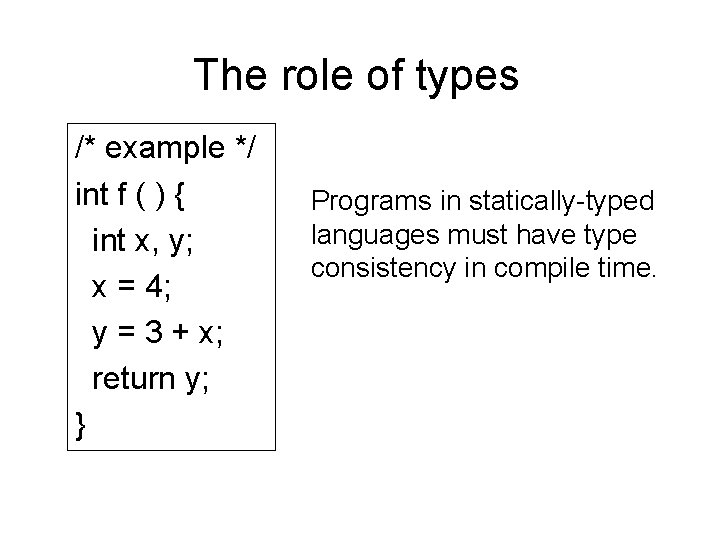 The role of types /* example */ int f ( ) { int x,