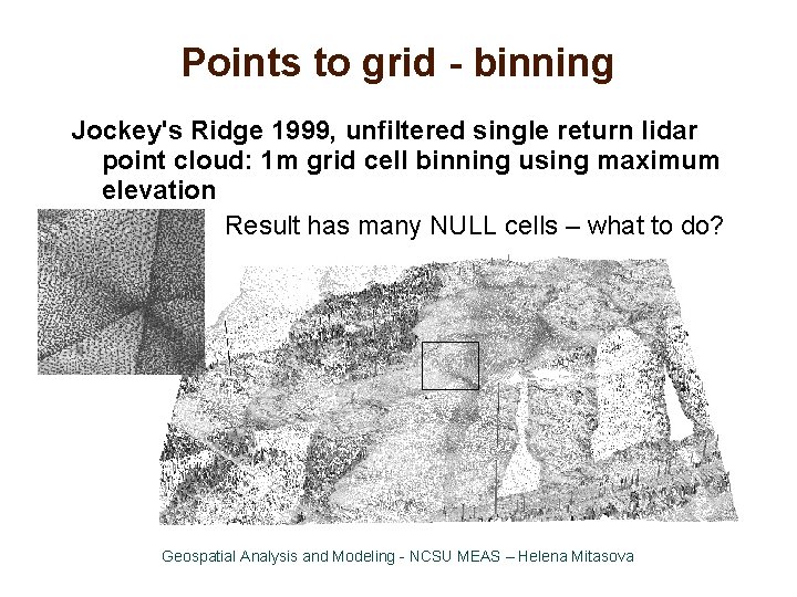 Points to grid - binning Jockey's Ridge 1999, unfiltered single return lidar point cloud: