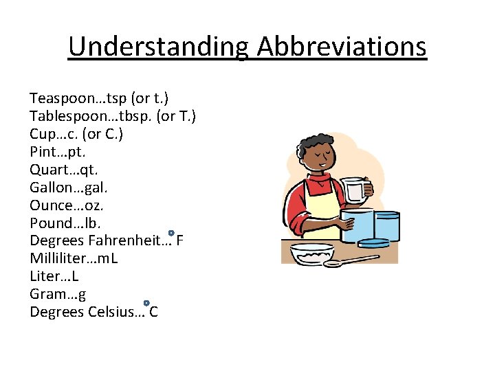 Understanding Abbreviations Teaspoon…tsp (or t. ) Tablespoon…tbsp. (or T. ) Cup…c. (or C. )