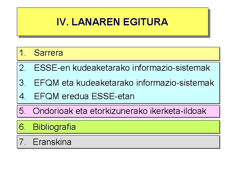 IV. LANAREN EGITURA 1. Sarrera 2. ESSE-en kudeaketarako informazio-sistemak 3. EFQM eta kudeaketarako informazio-sistemak