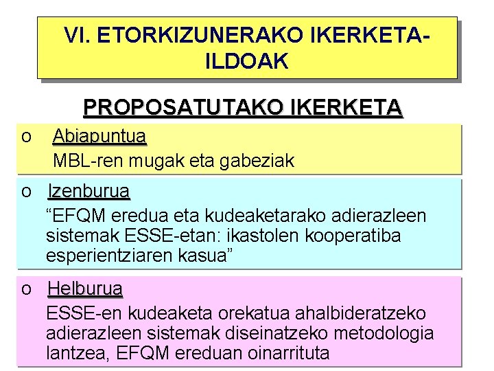 VI. ETORKIZUNERAKO IKERKETAILDOAK PROPOSATUTAKO IKERKETA o Abiapuntua MBL-ren mugak eta gabeziak o Izenburua “EFQMereduaeta