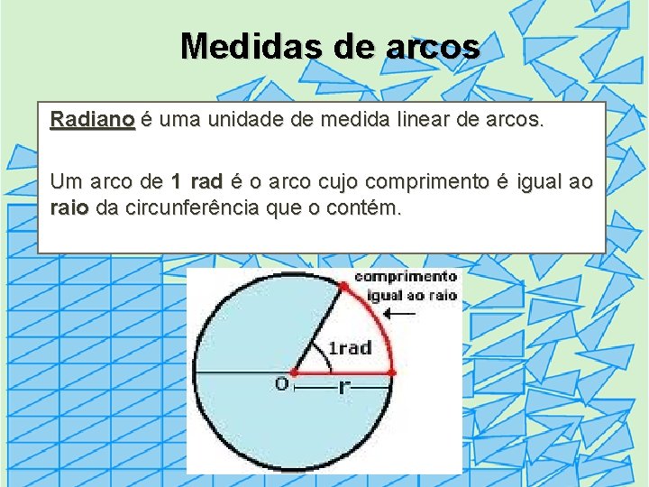 Medidas de arcos Radiano é uma unidade de medida linear de arcos. Um arco