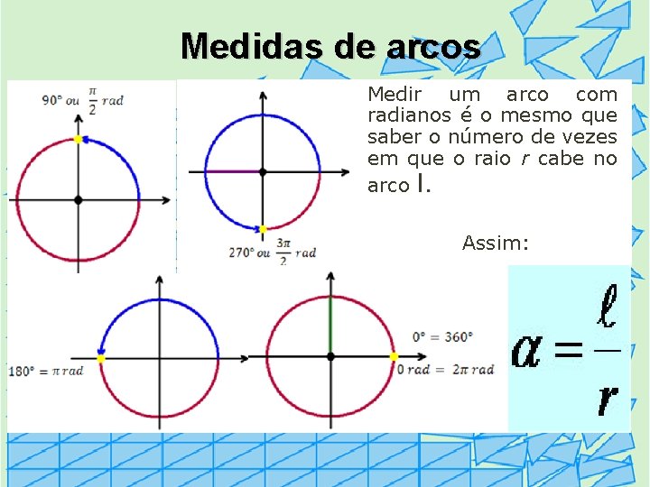 Medidas de arcos Medir um arco com radianos é o mesmo que saber o