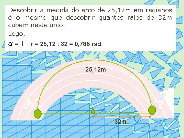 Descobrir a medida do arco de 25, 12 m em radianos é o mesmo