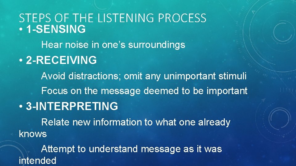 STEPS OF THE LISTENING PROCESS • 1 -SENSING Hear noise in one’s surroundings •