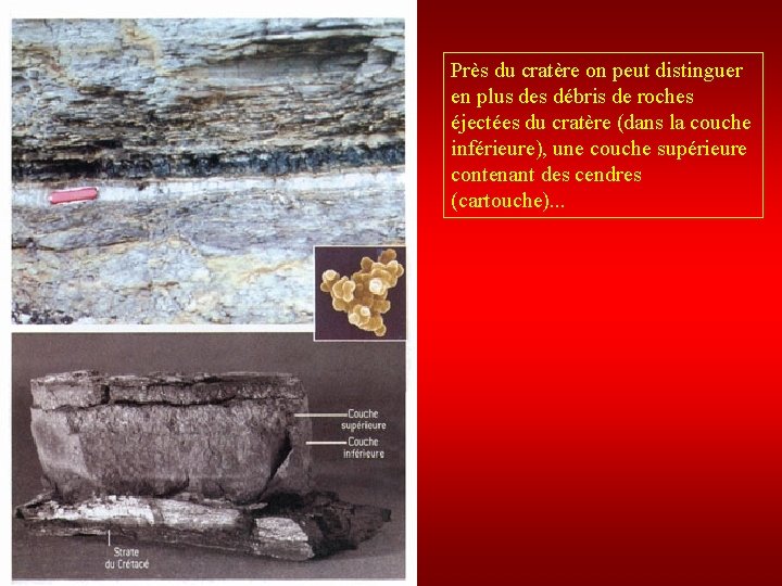 Près du cratère on peut distinguer en plus des débris de roches éjectées du