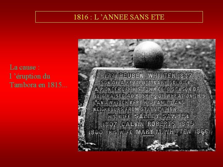 1816 : L ’ANNEE SANS ETE La cause : l ’éruption du Tambora en