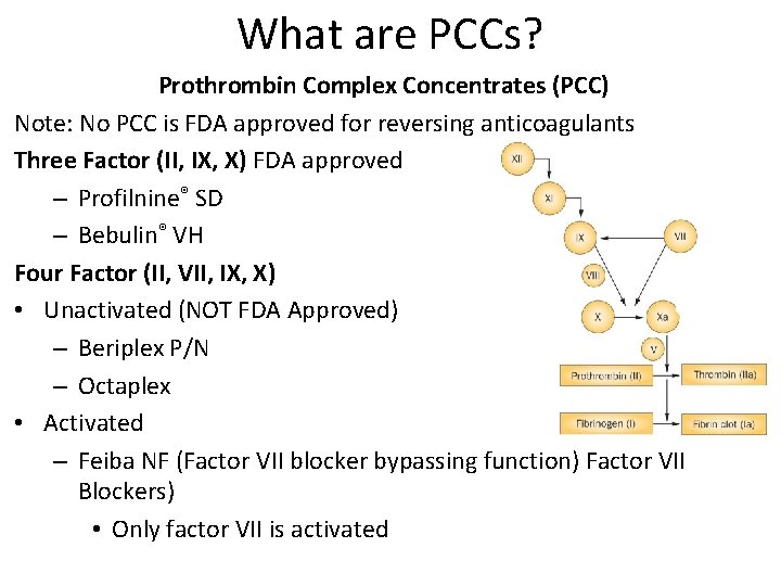 What are PCCs? Prothrombin Complex Concentrates (PCC) Note: No PCC is FDA approved for