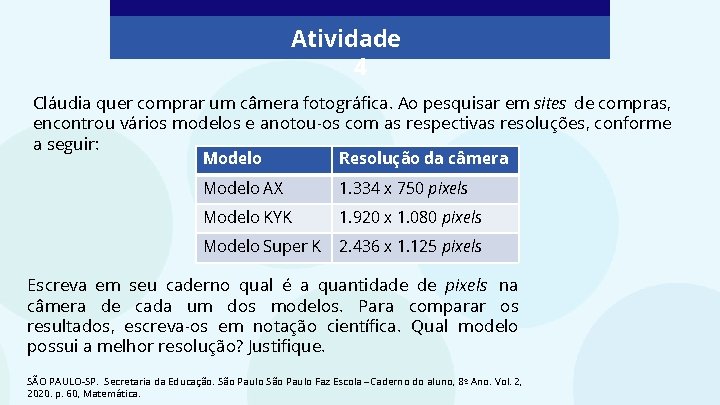 Atividade 4 Cláudia quer comprar um câmera fotográfica. Ao pesquisar em sites de compras,