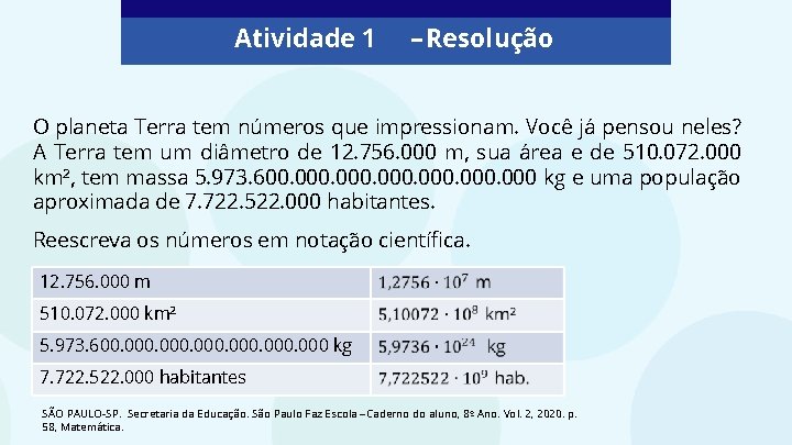 Atividade 1 – Resolução O planeta Terra tem números que impressionam. Você já pensou