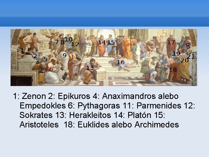 1: Zenon 2: Epikuros 4: Anaximandros alebo Empedokles 6: Pythagoras 11: Parmenides 12: Sokrates