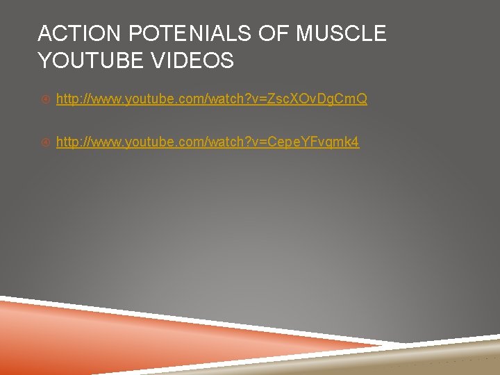 ACTION POTENIALS OF MUSCLE YOUTUBE VIDEOS http: //www. youtube. com/watch? v=Zsc. XOv. Dg. Cm.