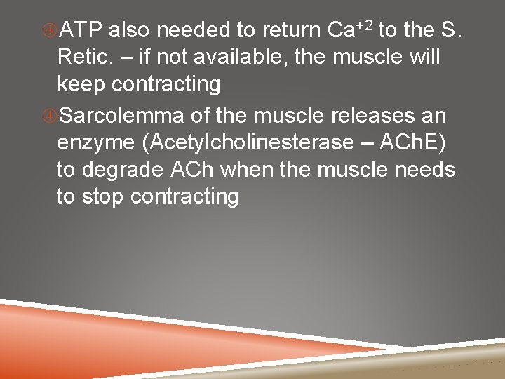  ATP also needed to return Ca+2 to the S. Retic. – if not