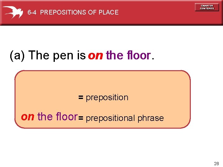 6 -4 PREPOSITIONS OF PLACE (a) The pen is on the floor. = preposition