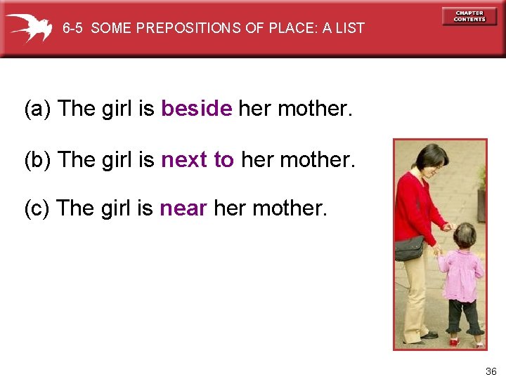 6 -5 SOME PREPOSITIONS OF PLACE: A LIST (a) The girl is beside her