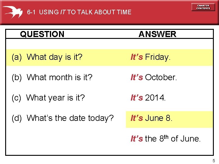 6 -1 USING IT TO TALK ABOUT TIME QUESTION ANSWER (a) What day is