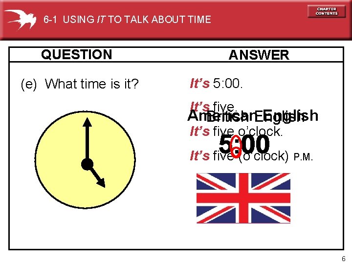 6 -1 USING IT TO TALK ABOUT TIME QUESTION (e) What time is it?