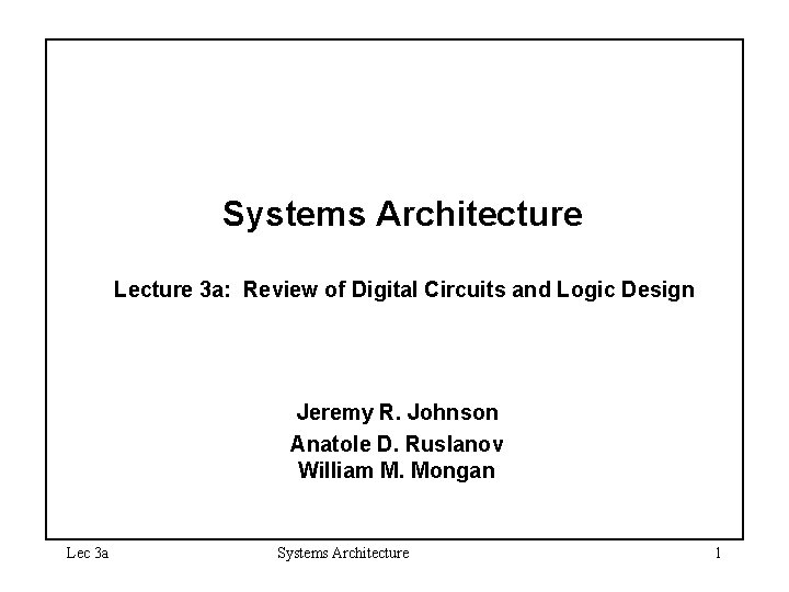 Systems Architecture Lecture 3 a Review of Digital