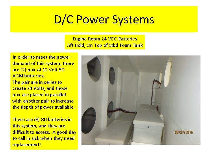 D/C Power Systems Engine Room 24 VDC Batteries Aft Hold, On Top of Stbd