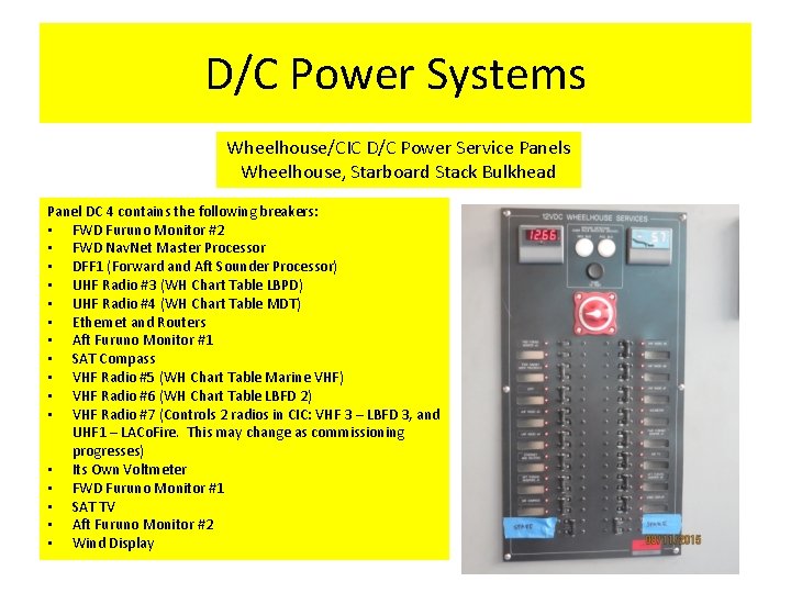 D/C Power Systems Wheelhouse/CIC D/C Power Service Panels Wheelhouse, Starboard Stack Bulkhead Panel DC