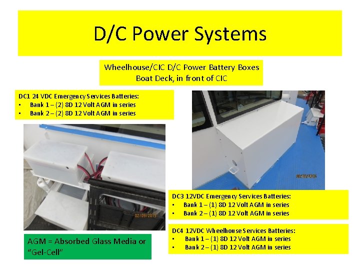 D/C Power Systems Wheelhouse/CIC D/C Power Battery Boxes Boat Deck, in front of CIC